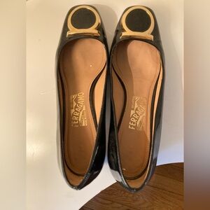 Salvatore Ferragamo Black Patent Leather Heels with Gold Accents